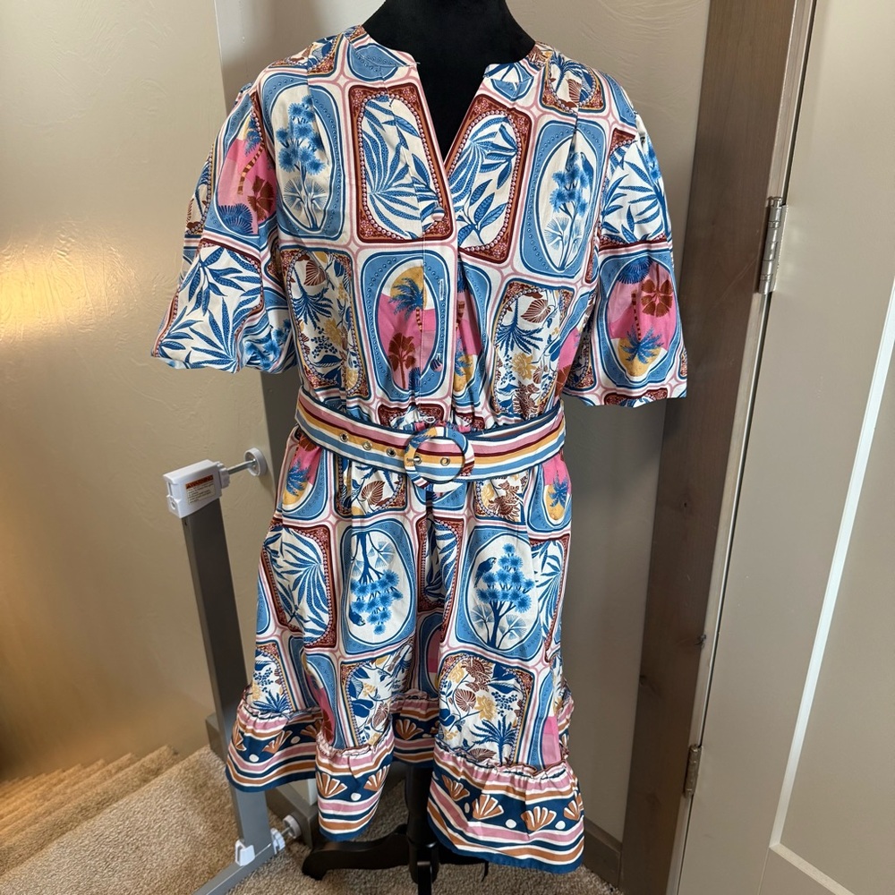 NWT Joie Burton Down Belted Puff Sleeve Printed Mini Dress Coastal Cerrado Beach